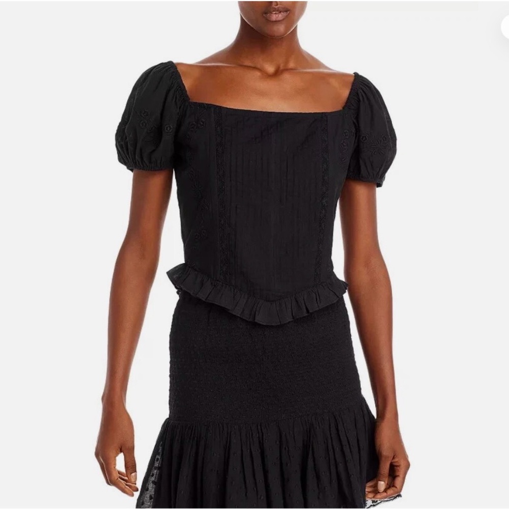LoveShackFancy Black Puff Sleeve Square Neck Blouse